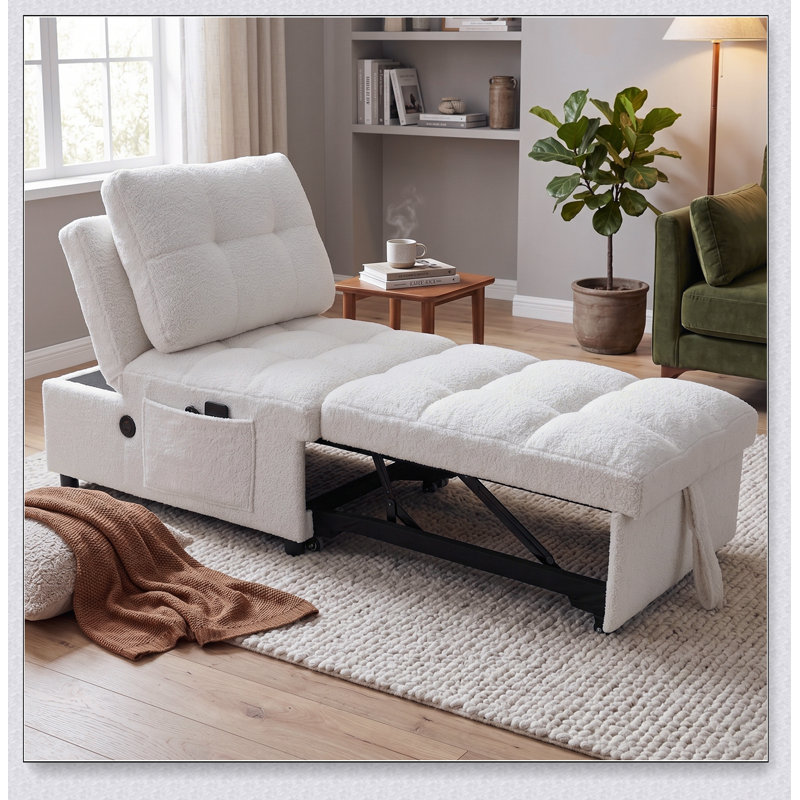 Canapé-lit une place avec revêtement en tissu doux effet peluche, port USB intégré, poche latérale et dossier réglable pour les petits espaces.