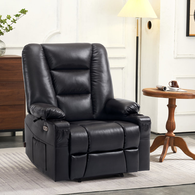Ellamae Wide Power Recliner Lift Chair with Massage and Heat, Faux Leather, Black Faux Leather