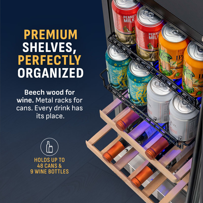 Newair 15 in. Built-in Dual Zone 9 Bottle and 48 Can Wine and Beverage Fridge in Stainless Steel
