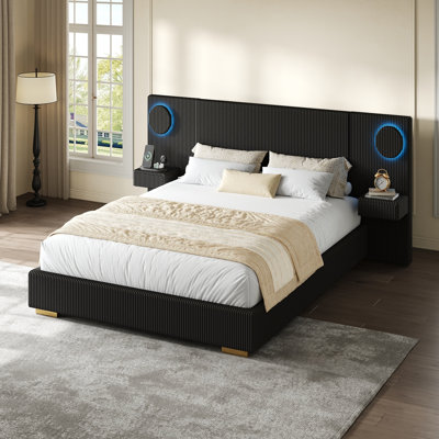 Upholstered Platform Bed with Circular LED Light, Headboard, Drawers, USB Charging Port and Slats.