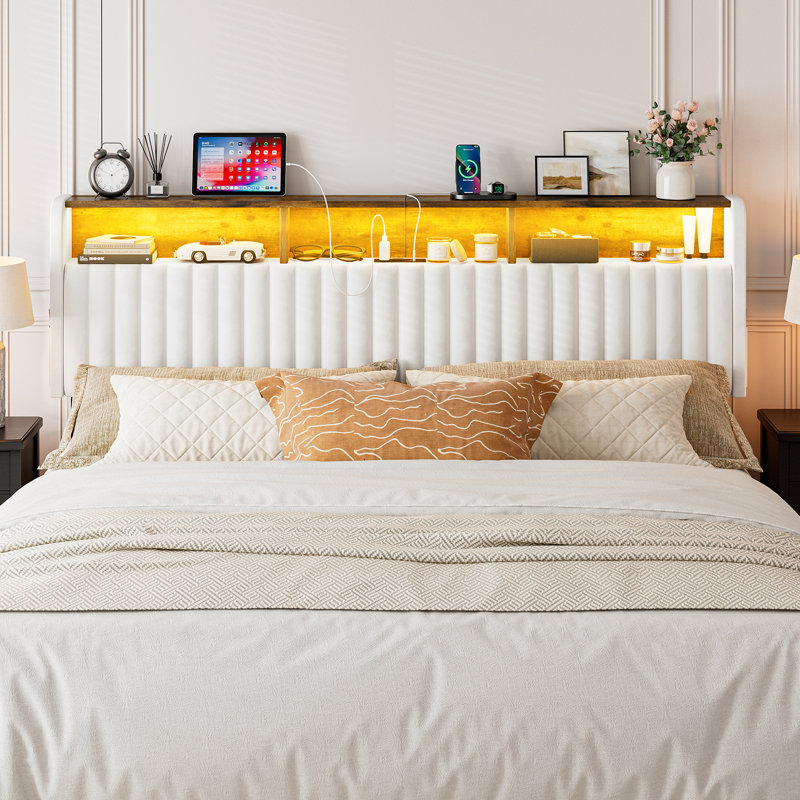  King Size Headboard Only With Storage, Adjustable Height, Velvet Upholstered Head Board With Led Lights & Charging Station, Modern Freestanding Headboard, Easy Assembly, White