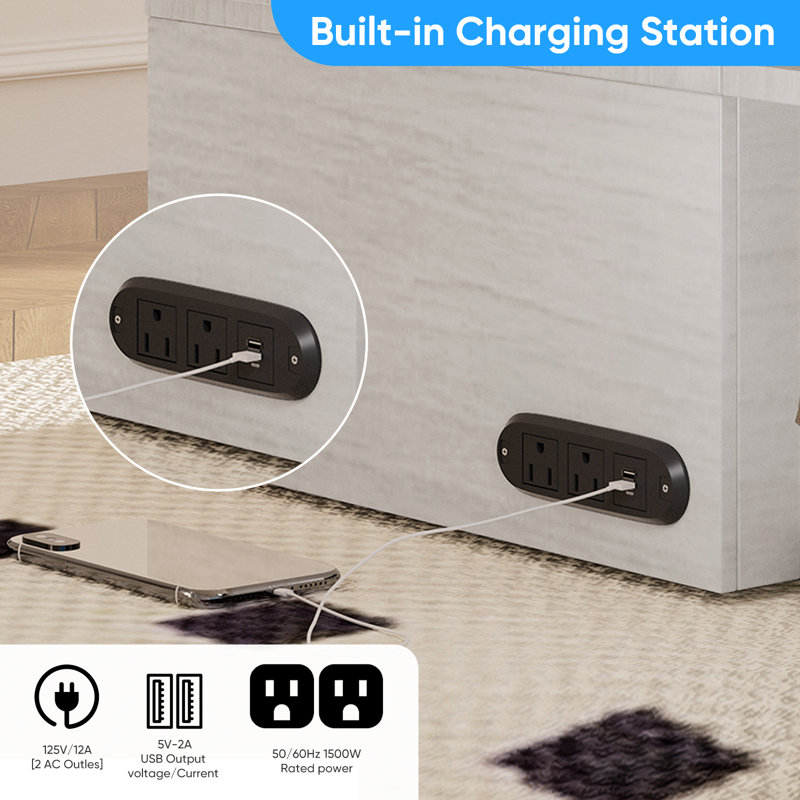 Murphy Bed Queen Cabinet Bed with Charging Station & Storage Drawers, White, White
