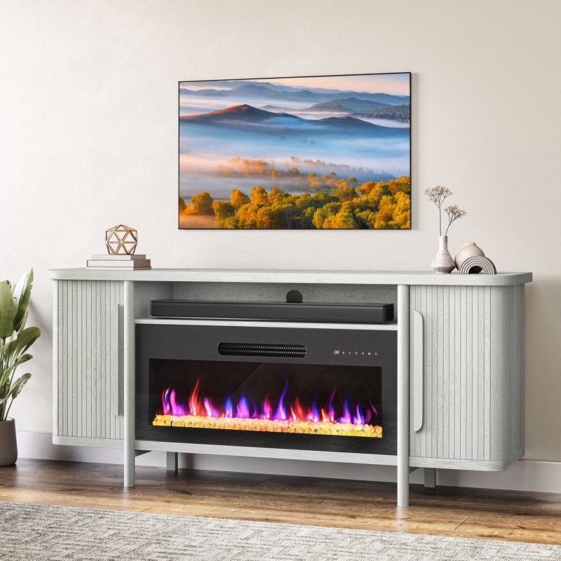 Berania TV Stand for TVs up to 75" with Fireplace Included, White Sand