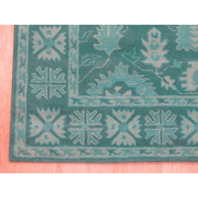 Tapis oriental turquoise en laine touffeté à la main Bachar, Rectangulaire 4 pi x 6 pi