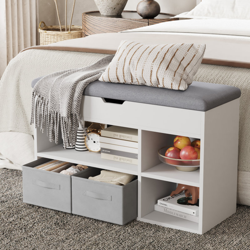 Shoe Bench With Fabric Drawer, White