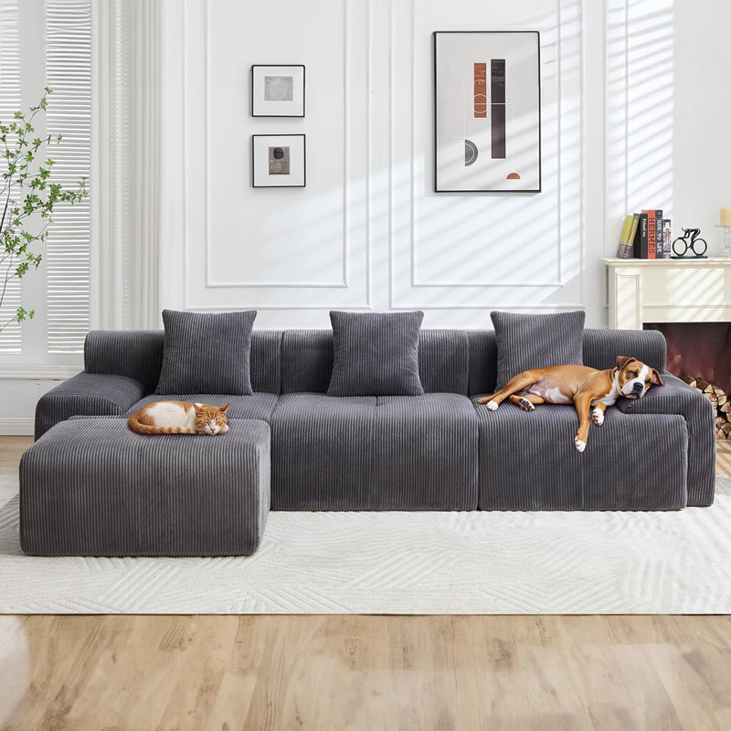Canapé modulaire en forme de L 118 po, canapé nuage en velours côtelé avec repose-pieds mobile, siège profond 118 po, Noir