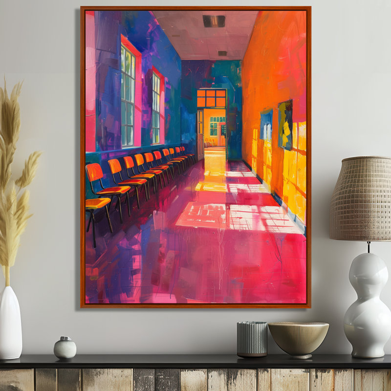 Décoration murale orange et bleue classe créative III - Écoles, Cadre flottant brun, 32" H x 24" W