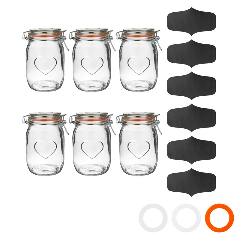Nicola Spring - Heart Glass Storage Jars with Labels, 17cm H x 10.5cm W x 10.5cm D, Orange