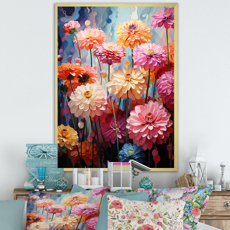 Reproduction d'art sur toile Zinnias, H 32 po x l 24 po x P 1 po, Cadre doré simple
