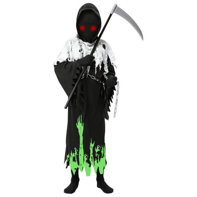 Medium Kids Glow Dark Grim Reaper Costume, Breathable Polyester Phantom Dress Up Kit for Halloween Party