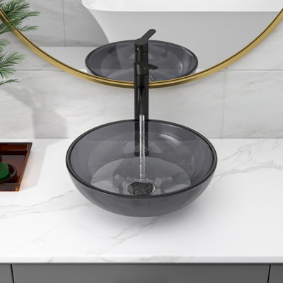 16" L x 16" W x 5.3" H Tempered Glass Bathroom Sink Round Above-Counter Vessel Sink With Pop Up Drain in Gray