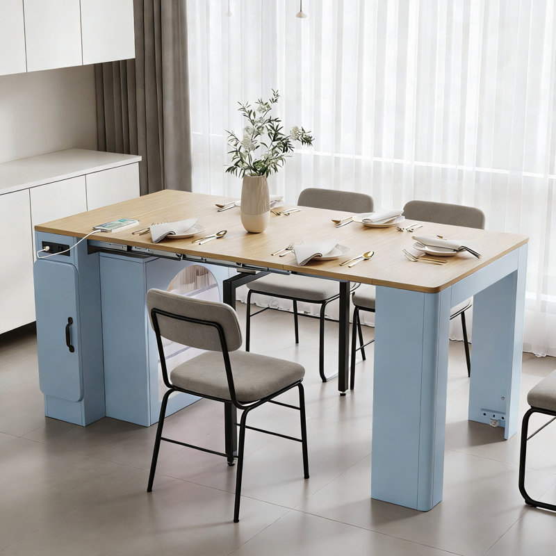 Table de salle à manger extensible avec feuilles amovibles, prise de courant et rangement, Naturel, Gris te bleu