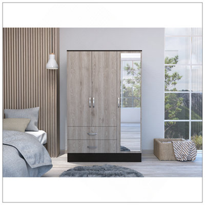 Armoire à miroir Bolton 120, quincaillerie en métal, armoire à deux portes, deux tiroirs, porte simple avec miroir, tringles - multicolore