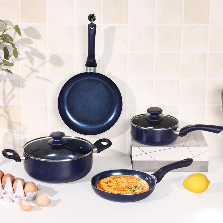 Serenelife 6-Piece Set Black Non-Stick Coating Inside Pots and Pans Basic Kitchen Cookware, Blue