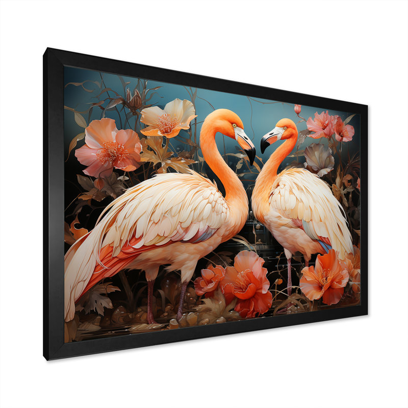 «Graceful Orange Flamingo Ballet» sur toile, Cadre simple noir, H 24 po x l 32 po x P 1,5 po