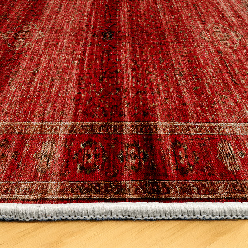 Susan Red Oriental Machine Printed Cotton Polyester Area Rug, Runner 3'4" x 14'10"