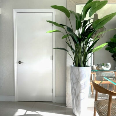 White Faux Marble Floor Vase Planter With Artificial Bird Of Paradise Plant
