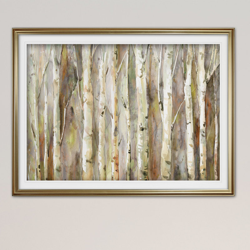 « bouleau path », reproduction de peinture à l’acrylique encadrée, Or, H 28 po x l 38 po x P 1,5 po