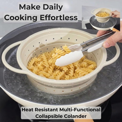 3 Pack Collapsible Silicone Colander Set with Tongs, Stainless Steel Rim, Heat Resistant & Dishwasher Safe, 2QT & 4QT, Pink Sage Green Cream