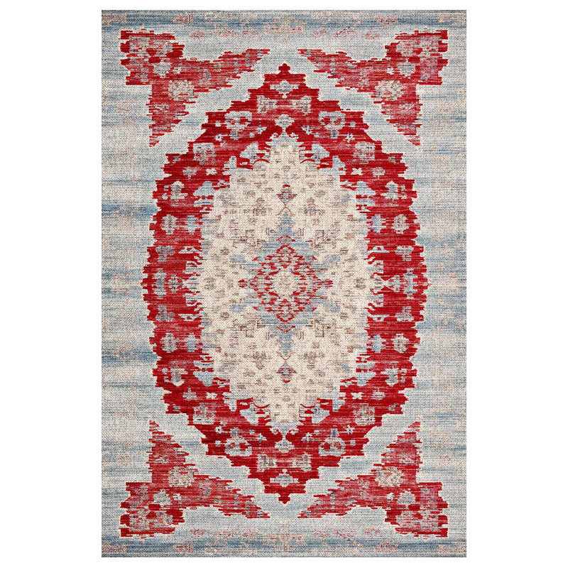Marisol Burgundy Beige Gray Oriental Machine Printed Cotton Polyester Area Rug, Rectangle 6'7" x 8'3"