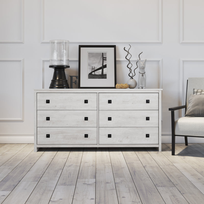 Washed White Farmhouse 6-Drawer Pine MDF Dresser