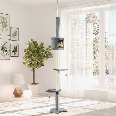 Arbre d'activités 85,5 "- 4 avec grattoir, boules suspendues. Solide et confortable. Gris. Pour chats de 10 lb. Centre pour chats. Fabrication.