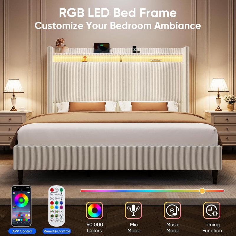 King Size Corduroy Upholstered Wingback Platform Bed Frame With Storage Headboard & Charging Station, Cream, King, Cream