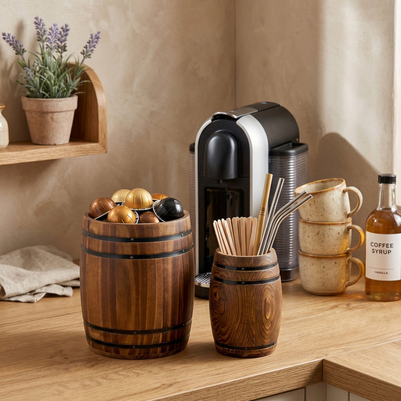 2-Piece Solid Wood Kitchen Utensil Holder Crock