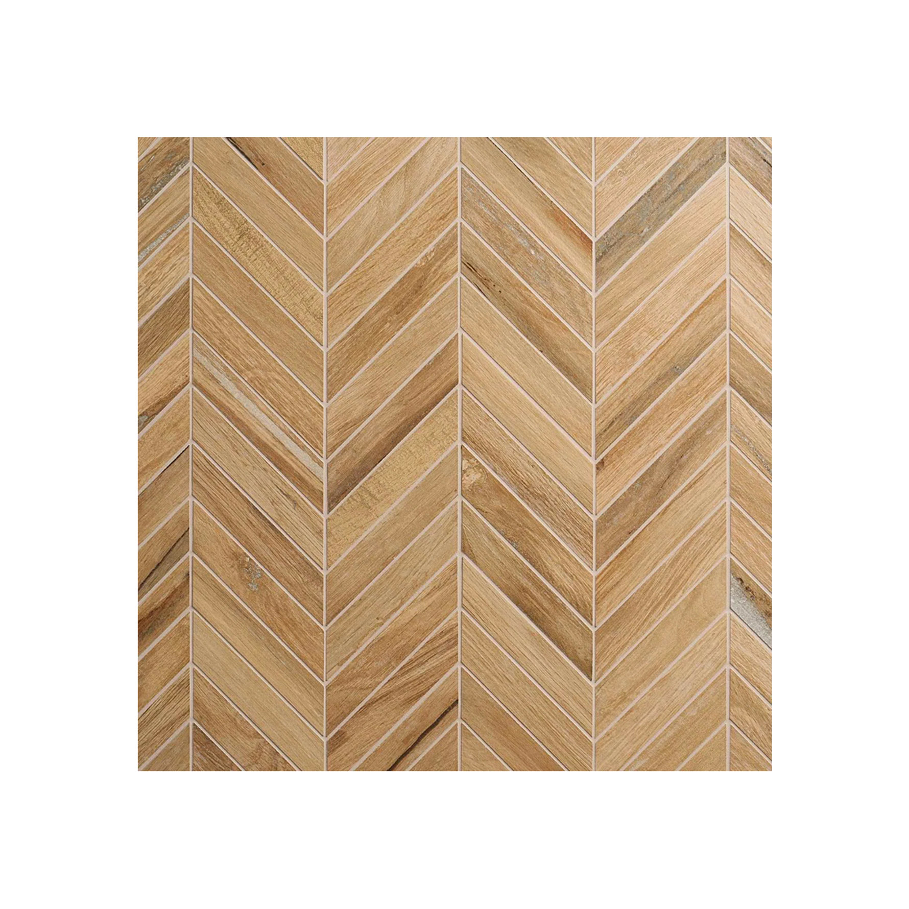 Light brown wood-look ceramic tile featuring a classic herringbone pattern with natural grain variations.