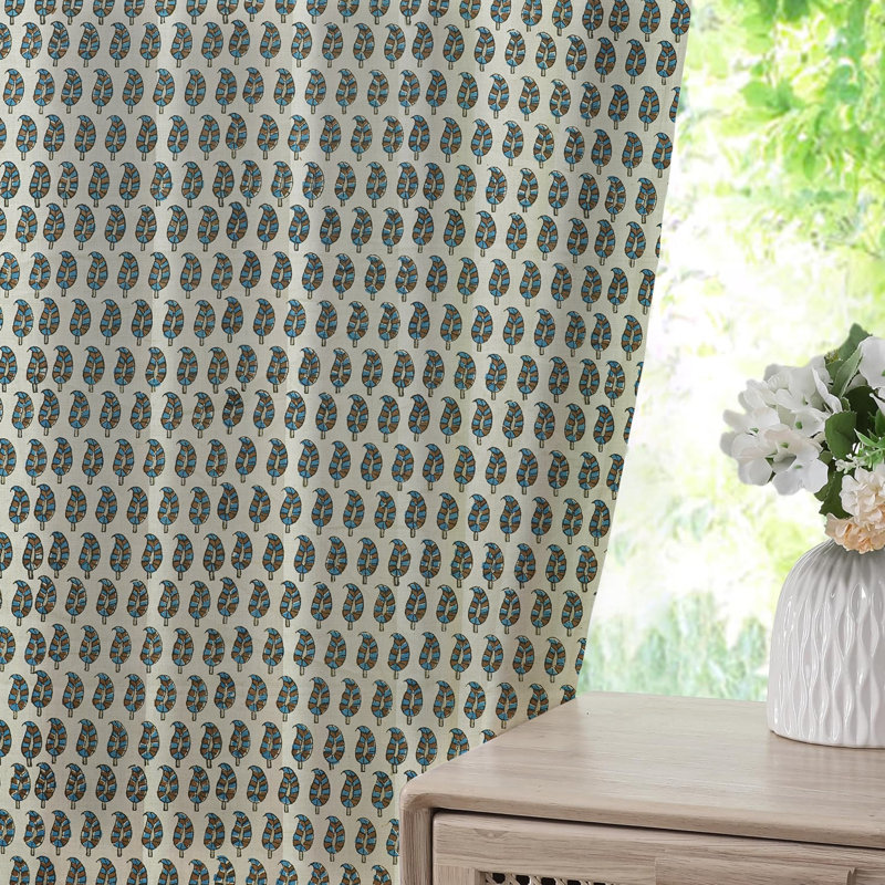 Fabdivine Brown and Blue Paisley Block Print Window Drapes Block Print Pure Linen 27x29 Inches, Handmade Curtain Pleated Pinch 2 Panel Set, 100% Blackout for Office, Bedroom, or Kitchen, Lil Paisley