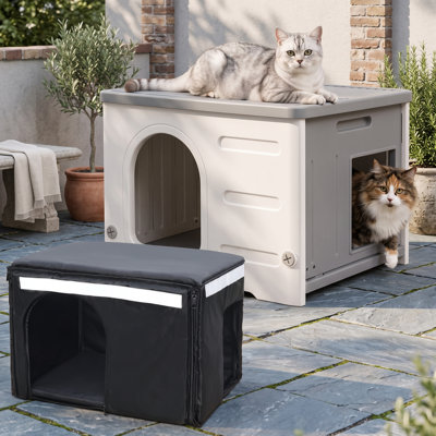 Grey Heavy‑Duty HDPE Feline Shelter with Removable Cushion Liner, Weather‑Resistant Easy‑to‑Clean Indoor & Outdoor Cat Housing, Quick‑Assembly Safe Refuge With Escape Hatch for Stray Cats