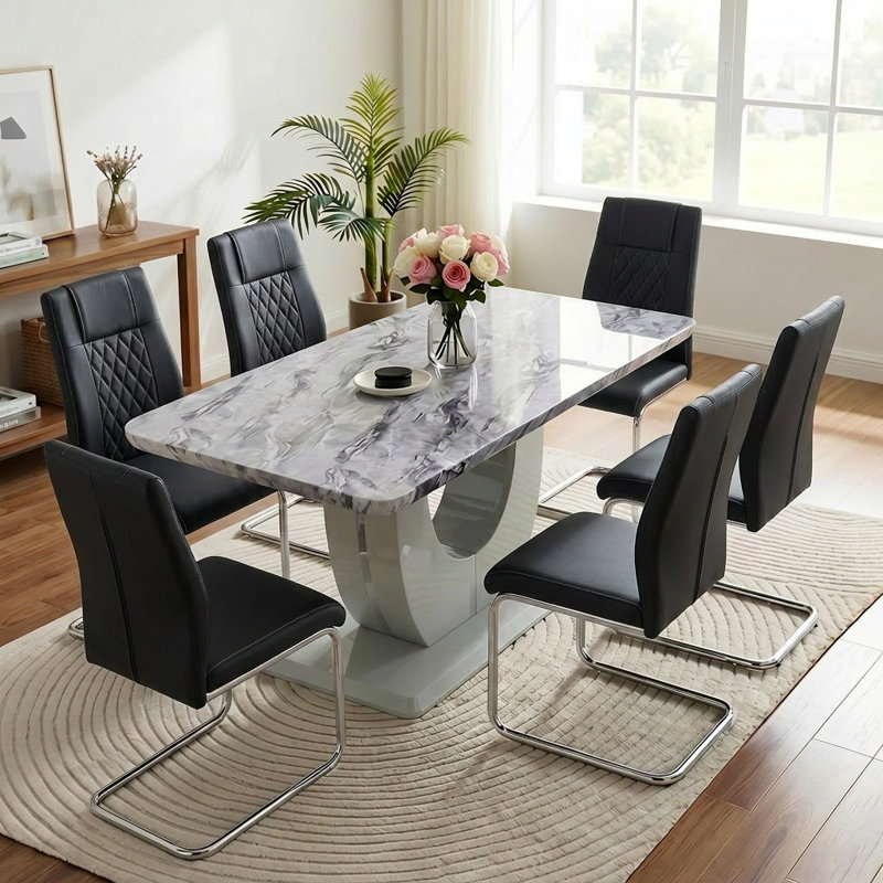 Ensemble repas 7 pièces Kimara, 7 pièces : table, 6 chaises, Gris clair