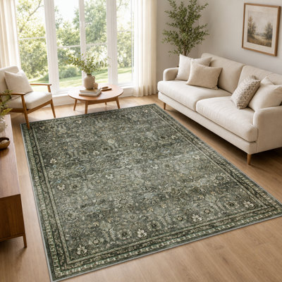 Watte Vintage Floral Border Washable Area Rug, Soft Low Pile Indoor Rug for Living Room, Bedroom & Dining Room