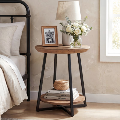 19.68" Round Solid Wood Nightstand with Storage Shelf, 2-Tier Industrial Bedside End Table with Black Tapered Metal Frame for Bedroom