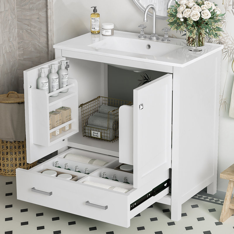 Meuble-lavabo de salle de bain avec lavabo simple, armoire encastrée, armoire de rangement pour la salle de bain, fermeture en douceur