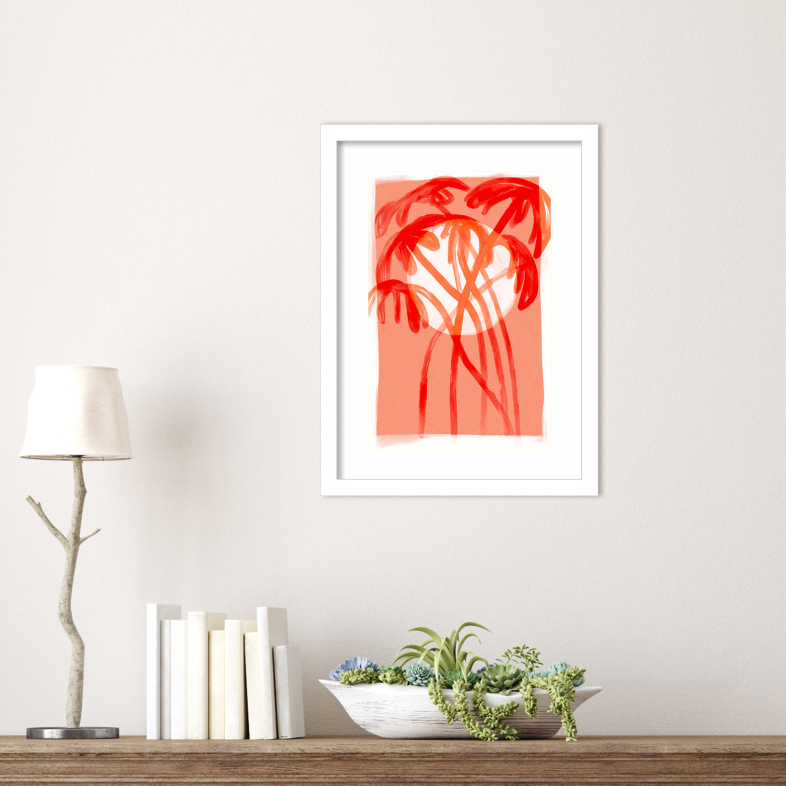 Palms At Sunset by Treechild Wood Framed Wall Art Print, White, 17" H x 13" W
