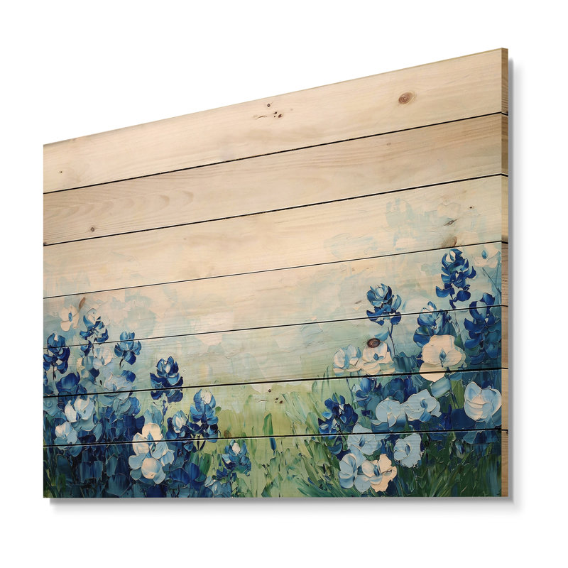Texas Bluebonnet Field I - Paysage moderne en bois, décoration murale sur bois de pin naturel, H 10 po x l 20 po