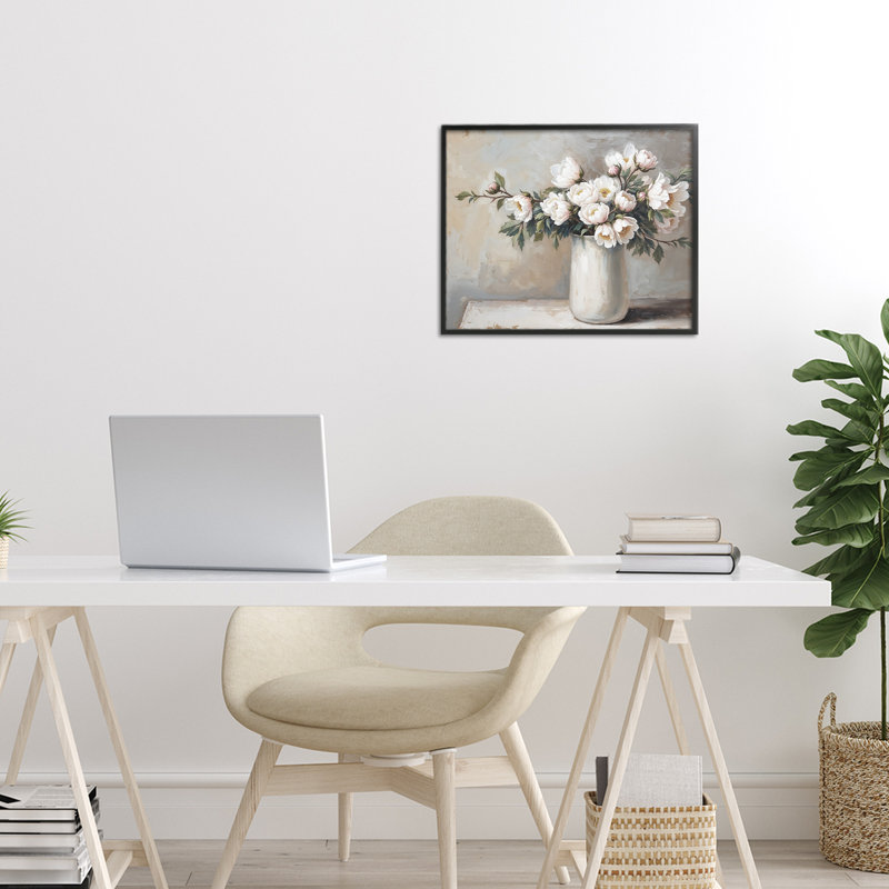 Fleurs blanches dans un vase nature morte, giclée encadrée, design par lettré et doublé, H 11 po x l 14 po
