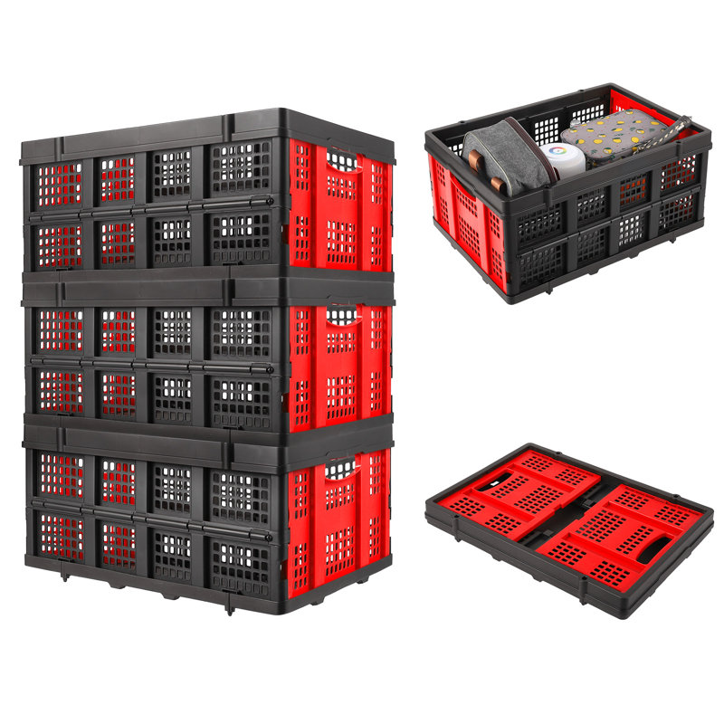 Cage à lait pliable, caisse de rangement en plastique robuste empilable 14,5 gallons avec poignée, Rouge