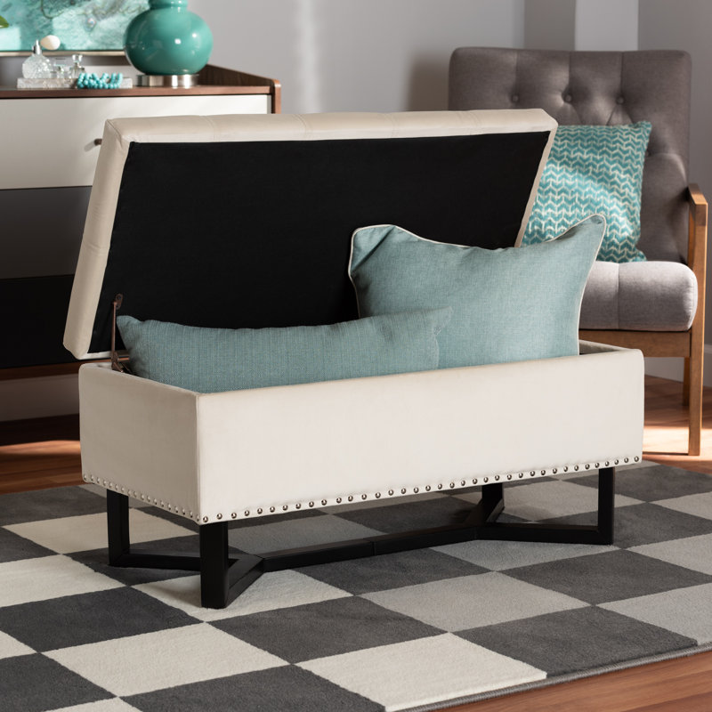 90.2cm Wide Velvet Rectangle Solid Colour Standard Ottoman with Storage, Beige
