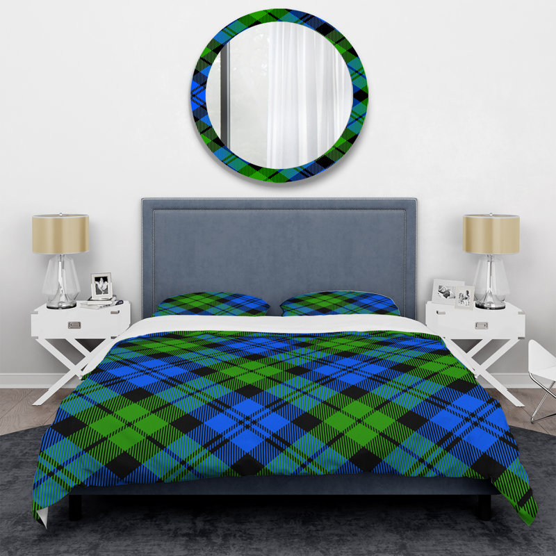 Tartan à carreaux vert et bleu - Ensemble de housse de couette abstrait - Microfibre de polyester