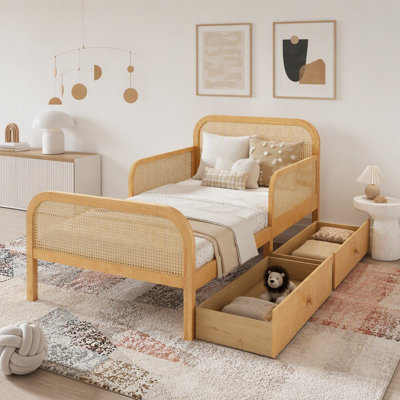 Structure de lit plateforme avec 2 tiroirs de rangement, lit en rotin pour enfants avec tête et pied de lit