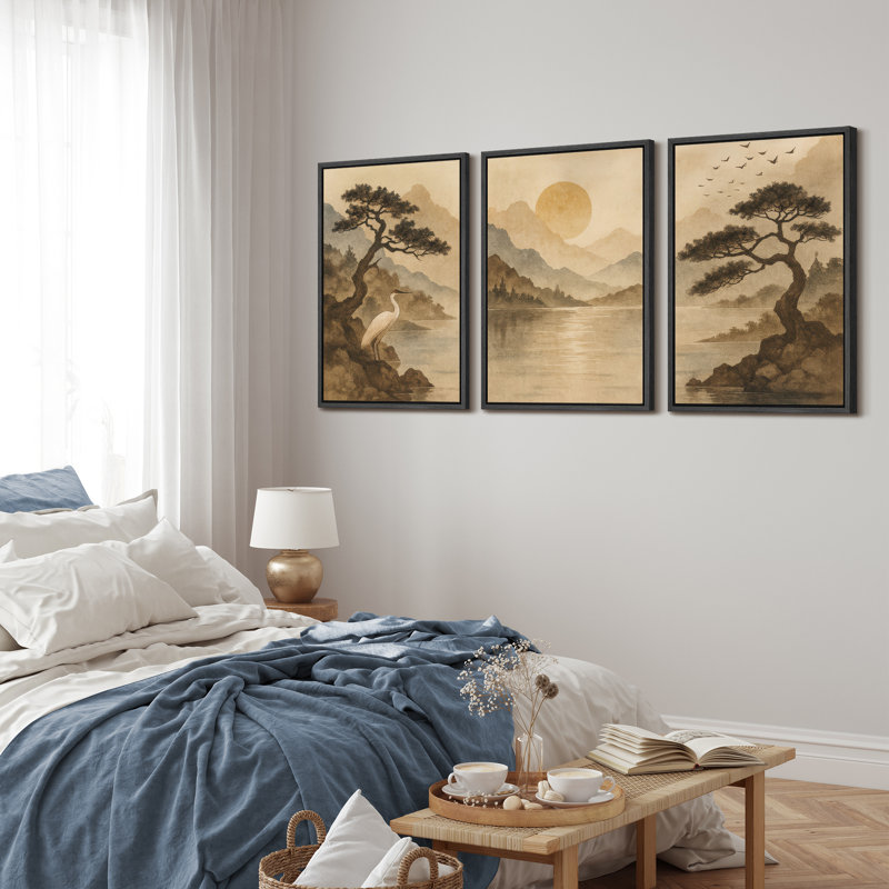 Sépia, grue, paysage et pins, vue sur le lac, reproduction d'art sur toile, 3 pièces, H 36 po x l 72 po x P 1,5 po