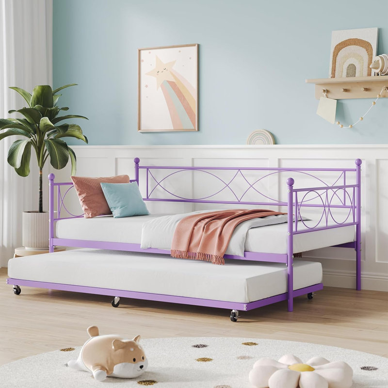 Twin Daybed – Purple, Trundle, Metal Frame, Purple