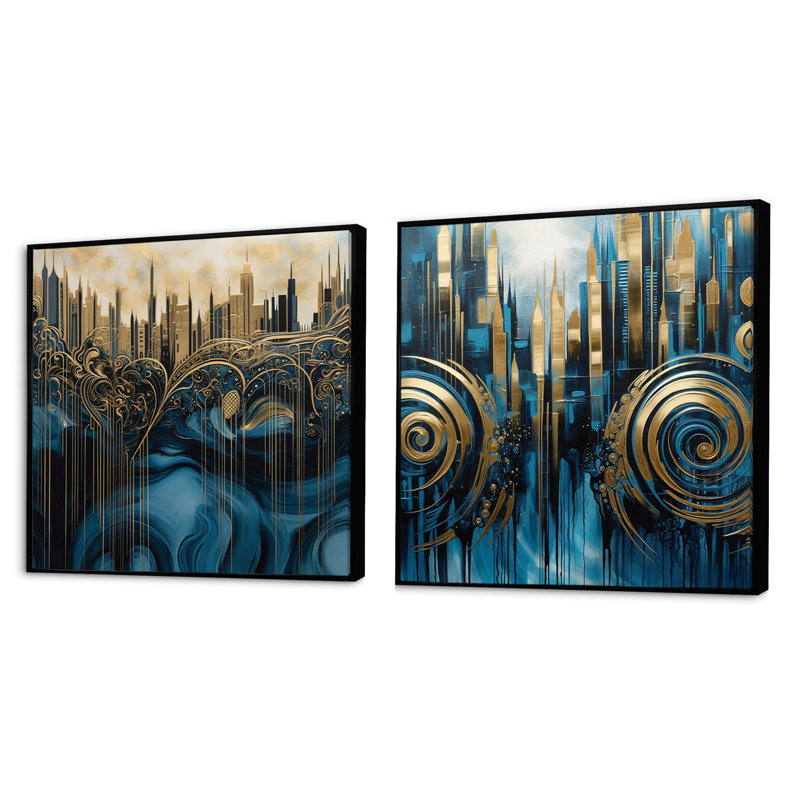Élégance urbaine dorée et bleue - Ensemble de 2 collages abstraits carrés, Cadre flottant noir, H 16 po x l 33 po