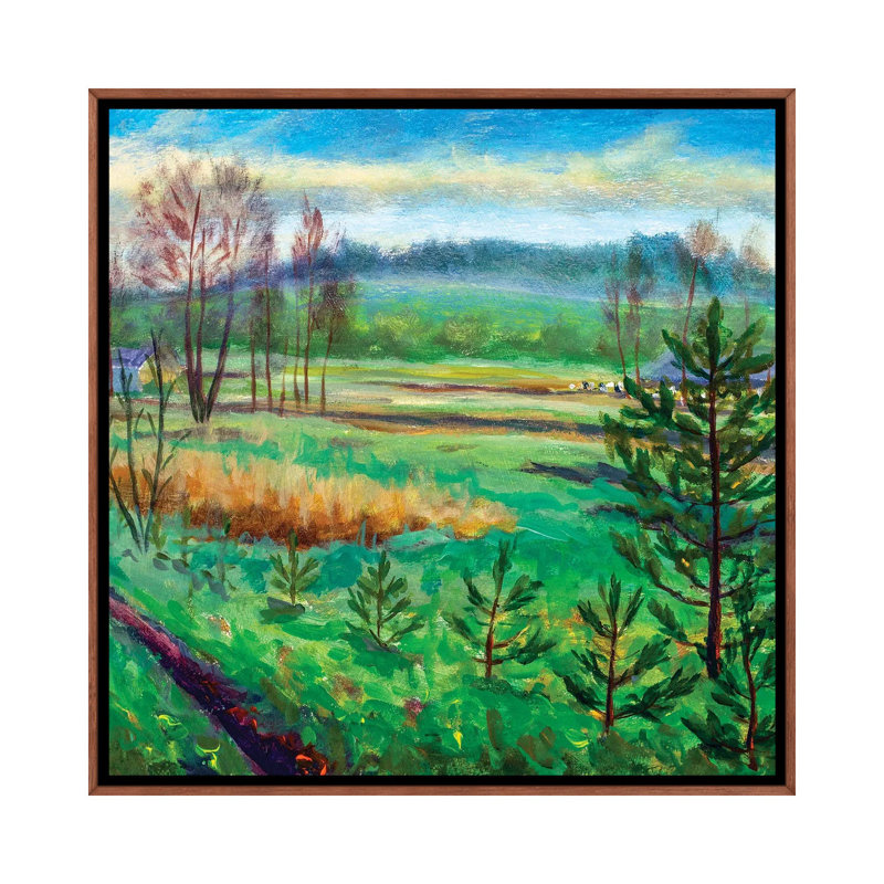 Green Meadows Fields Foggy Forest Hill by Valery Rybakow - Painting on Canvas, Brown Framed Canvas, 66.04 cm H x 66.04 cm W