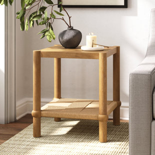 Modern Coastal Side Table with Solid Wood Legs and Seagrass Storage Shelf