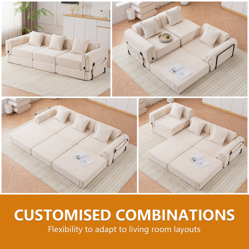  98.8" Modular Sleeper Sofa Bed Compression Foam Sofa Foldable Floor Couch With Side Pockets And 3 Pillows - No Assembly Required