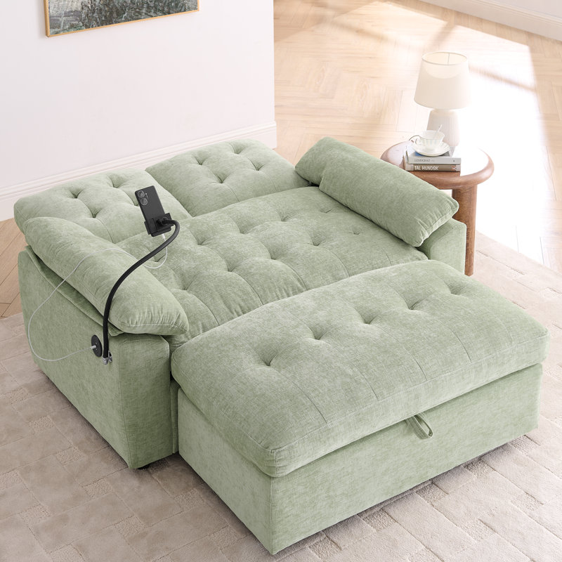 Chaise longue en chenille rembourrée avec dossier réglable, port USB, support pour téléphone et repose-pieds, Cyan