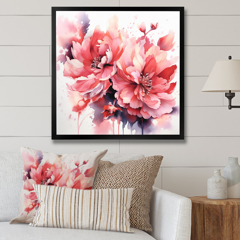Red Peony Visons sur impression sur toile, Cadre simple noir, H 30 po x l 30 po x P 1 po